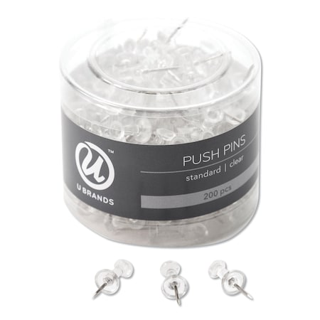 U Brands Standard Push Pins, Plastic, Clear, 7/16", PK200 658U08-24